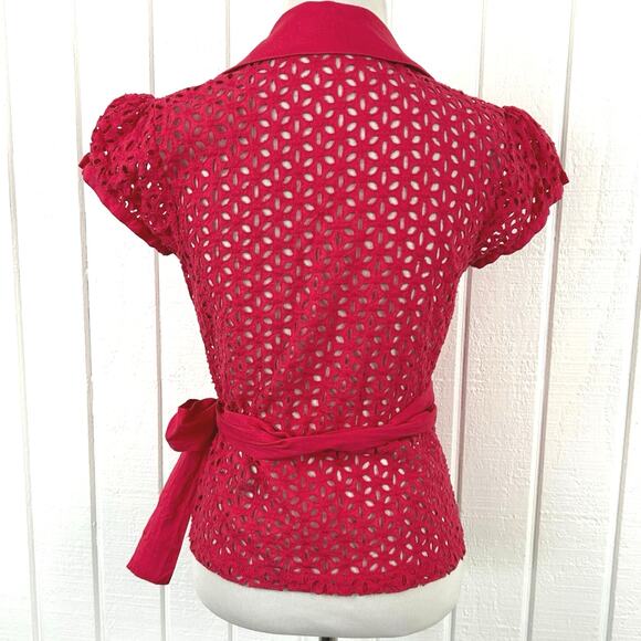 Moda International Women Eyelet Short Sleeve Wrap Top Pink Red Size XS/Small - Picture 9 of 10